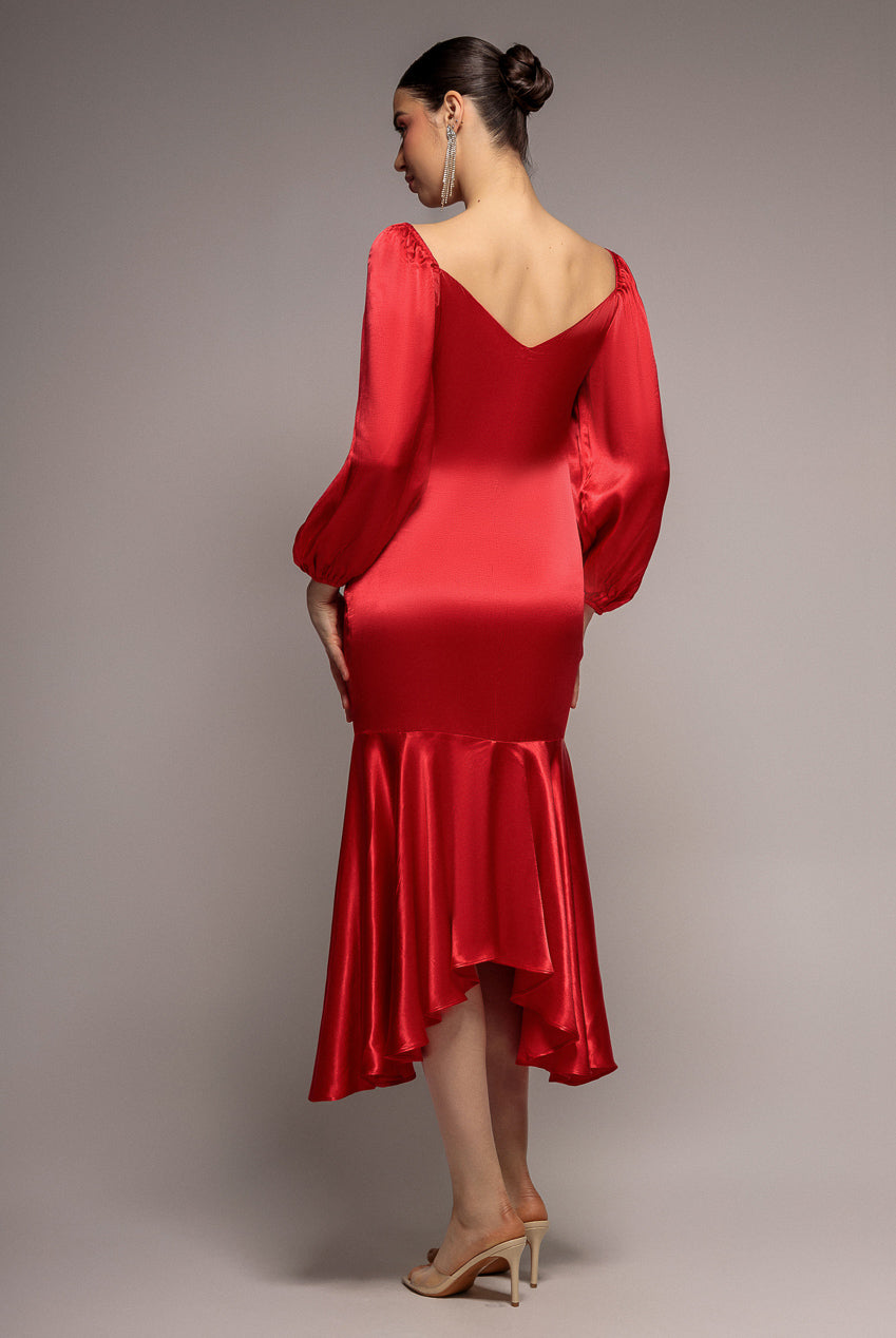 Goddiva Satin Viscose Front Buttoned Dipped Hem Midaxi Dress - Red
