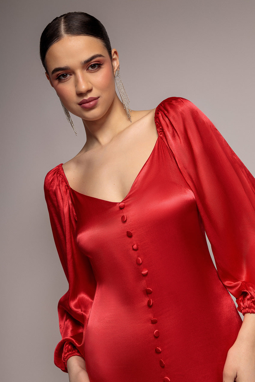 Goddiva Satin Viscose Front Buttoned Dipped Hem Midaxi Dress - Red