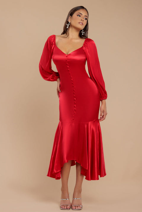 Goddiva Satin Viscose Front Buttoned Dipped Hem Midaxi Dress - Red