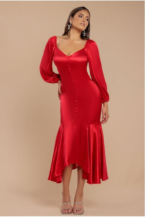 Goddiva Satin Viscose Front Buttoned Dipped Hem Midaxi Dress - Red