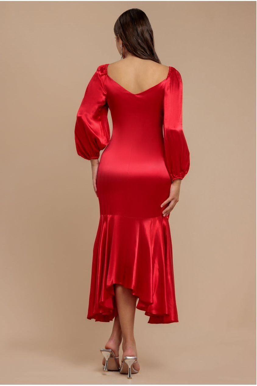 Goddiva Satin Viscose Front Buttoned Dipped Hem Midaxi Dress - Red