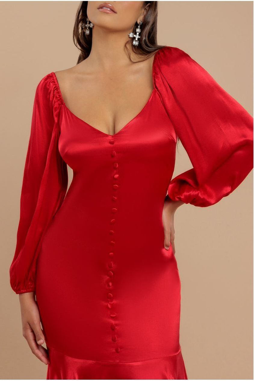 Goddiva Satin Viscose Front Buttoned Dipped Hem Midaxi Dress - Red