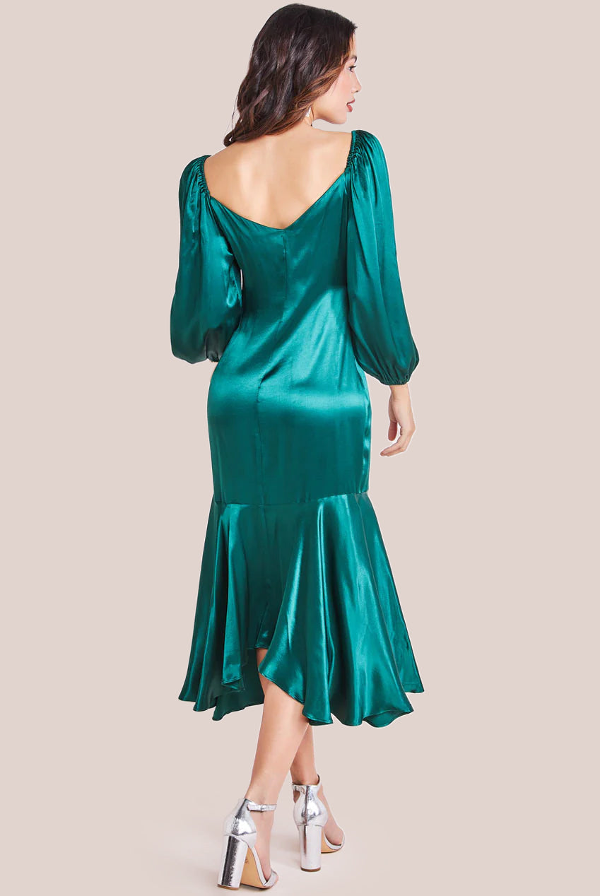 Goddiva Satin Viscose Front Buttoned Dipped Hem Midaxi Dress - Emerald