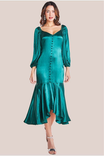 Emerald - Goddiva Satin Viscose Front Buttoned Dipped Hem Midaxi Dress - Emerald