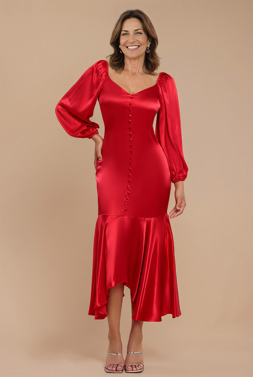 Goddiva Satin Viscose Front Buttoned Dipped Hem Midaxi Dress - Red