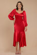Goddiva Satin Viscose Front Buttoned Dipped Hem Midaxi Dress - Red