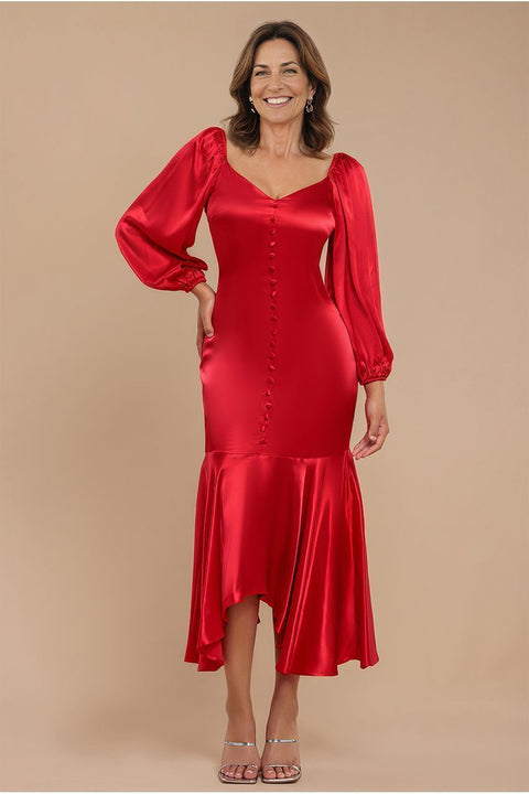 Goddiva Satin Viscose Front Buttoned Dipped Hem Midaxi Dress - Red