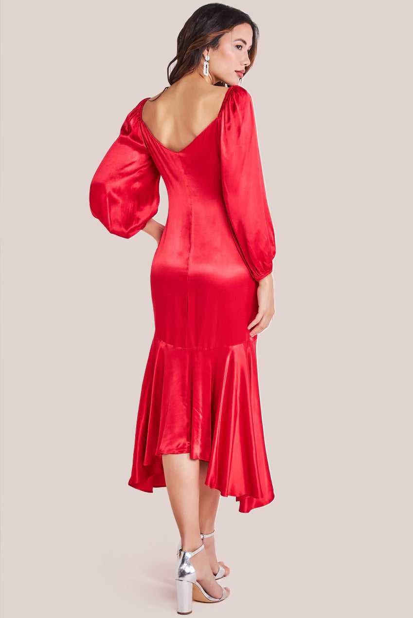 Goddiva Satin Viscose Front Buttoned Dipped Hem Midaxi Dress - Red