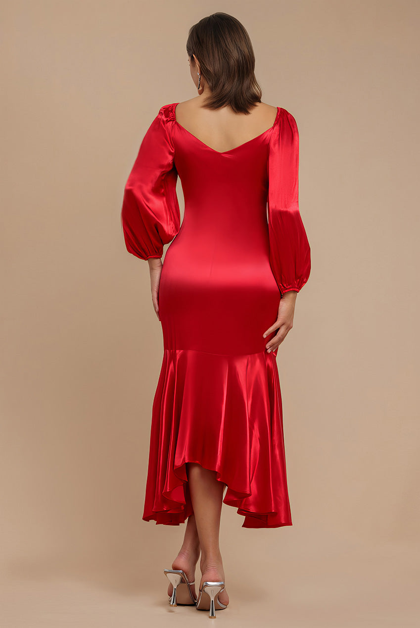 Goddiva Satin Viscose Front Buttoned Dipped Hem Midaxi Dress - Red