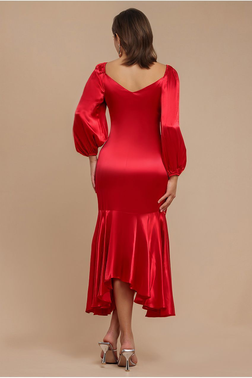 Goddiva Satin Viscose Front Buttoned Dipped Hem Midaxi Dress - Red