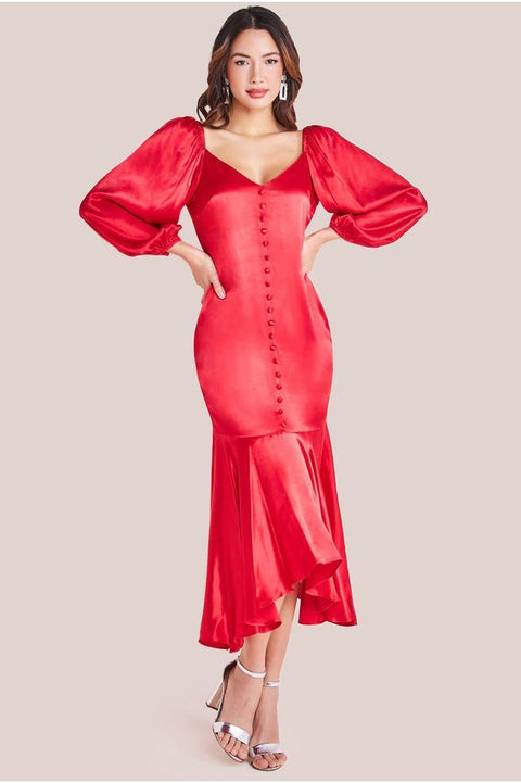Goddiva Satin Viscose Front Buttoned Dipped Hem Midaxi Dress - Red