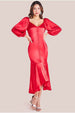 Goddiva Satin Viscose Front Buttoned Dipped Hem Midaxi Dress - Red