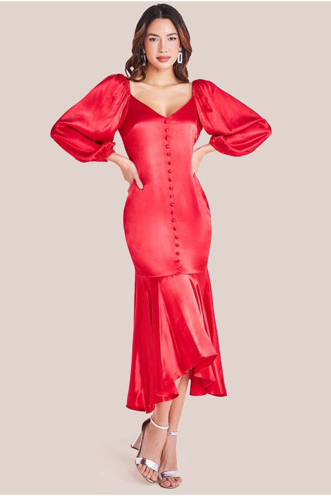 Goddiva Satin Viscose Front Buttoned Dipped Hem Midaxi Dress - Red