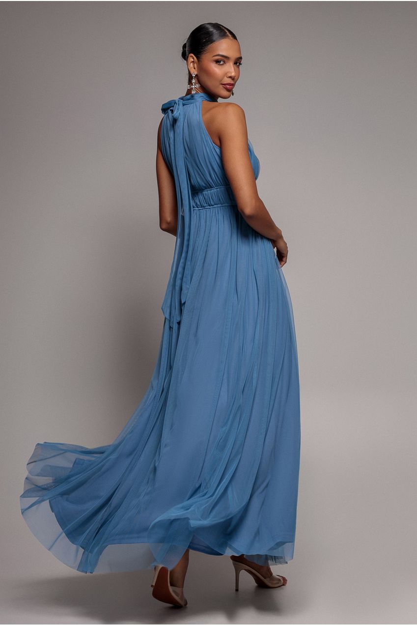 Goddiva Halter Neck Mesh Tie Maxi Dress - Dusty Blue