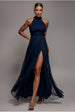 Goddiva Halter Neck Mesh Tie Maxi Dress - Navy Blue