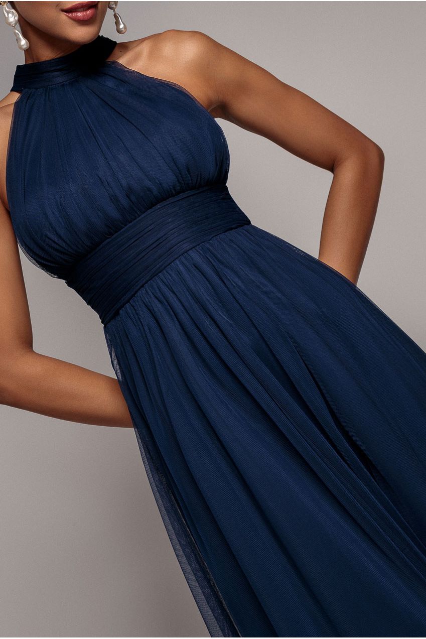 Goddiva Halter Neck Mesh Tie Maxi Dress - Navy Blue