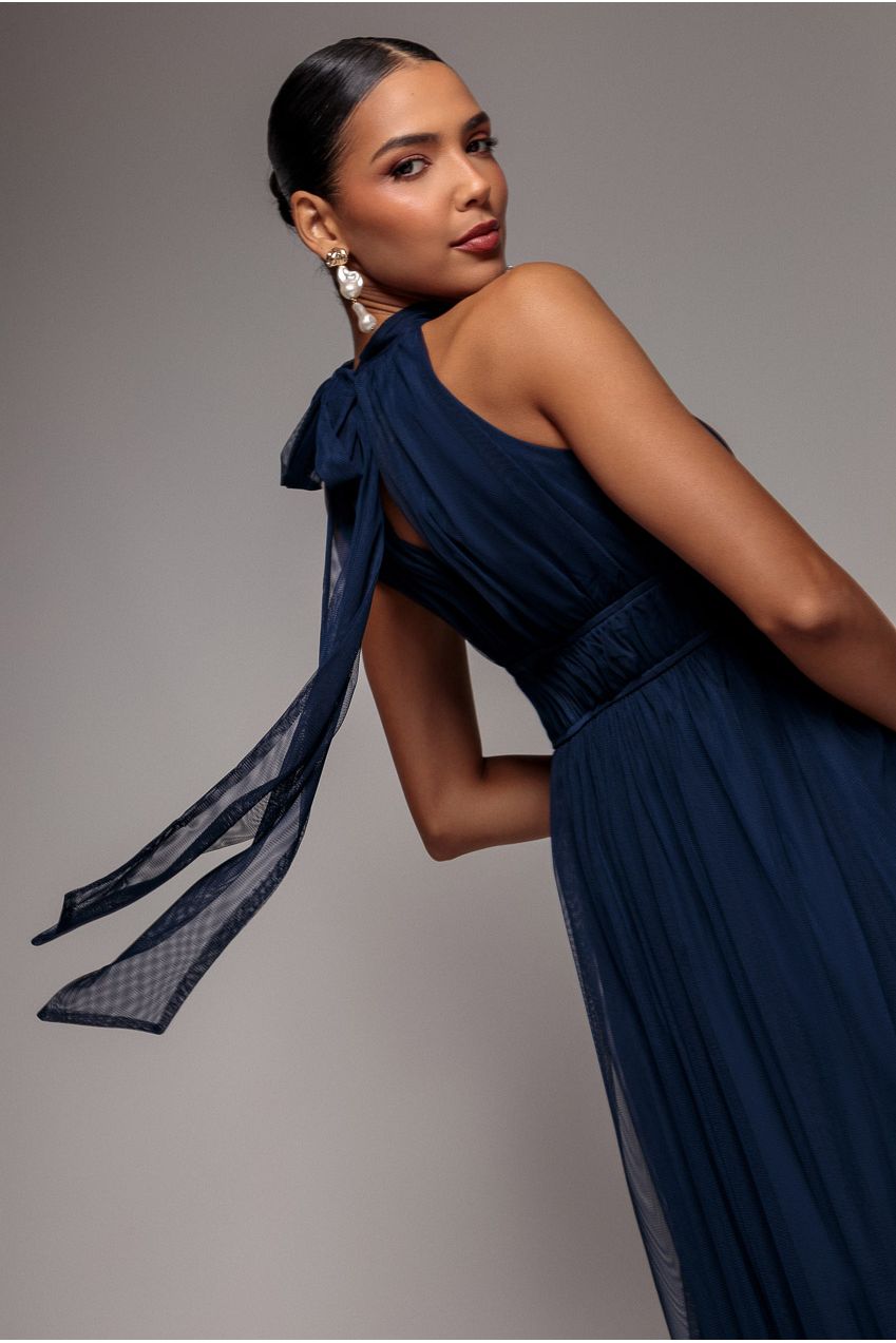 Goddiva Halter Neck Mesh Tie Maxi Dress - Navy Blue