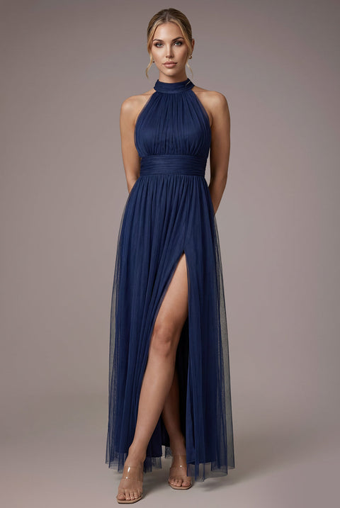 Goddiva Halter Neck Mesh Tie Maxi Dress - Navy Blue
