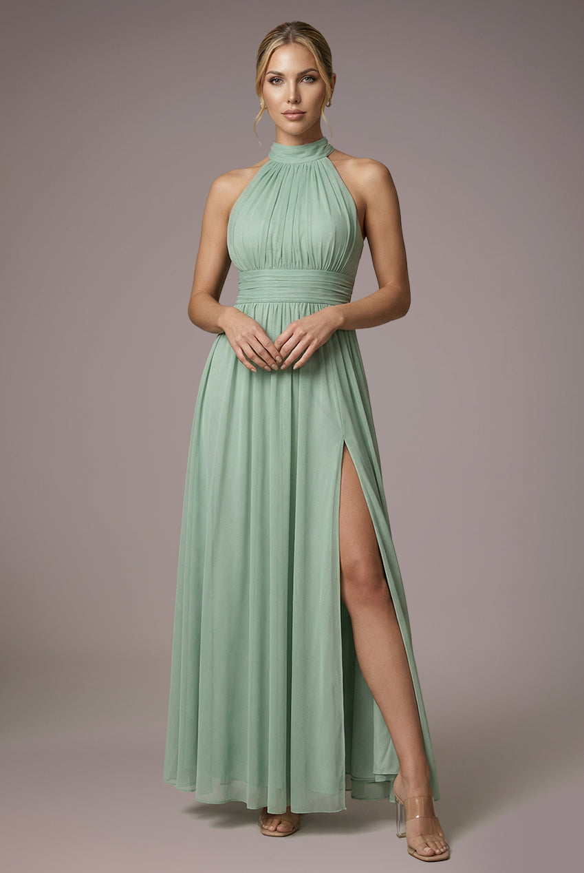 Goddiva Halter Neck Mesh Tie Maxi Dress - Dusty Sage