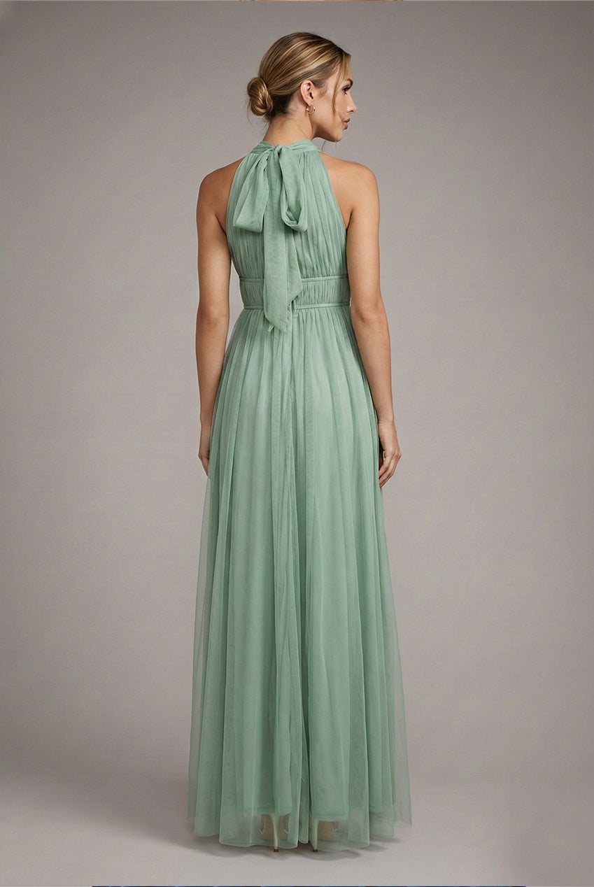 Goddiva Halter Neck Mesh Tie Maxi Dress - Dusty Sage