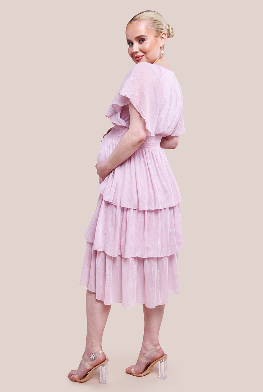 Goddiva Maternity Plain Lurex Chiffon Tiered Midi Dress - Pink