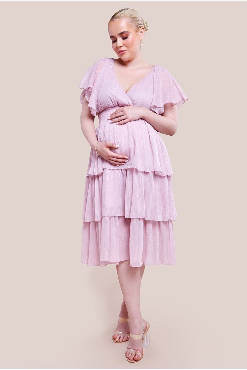 Goddiva Maternity Plain Lurex Chiffon Tiered Midi Dress - Pink