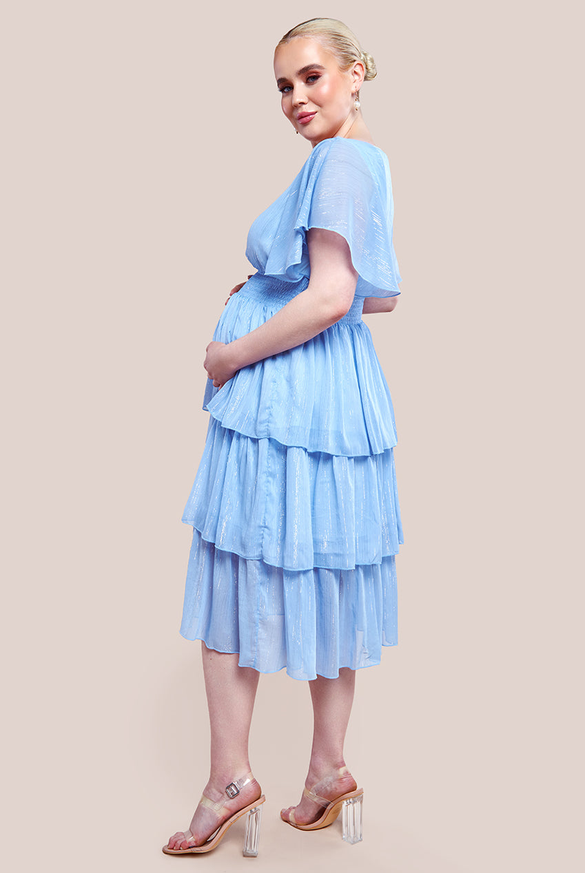 Goddiva Maternity Plain Lurex Chiffon Tiered Midi Dress - Light Blue