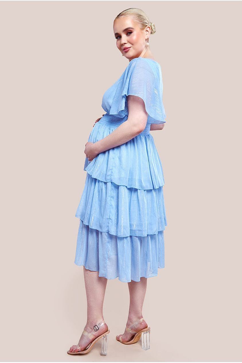 Goddiva Maternity Plain Lurex Chiffon Tiered Midi Dress - Light Blue