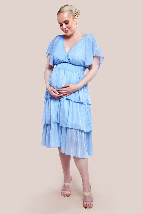 Goddiva Maternity Plain Lurex Chiffon Tiered Midi Dress - Light Blue