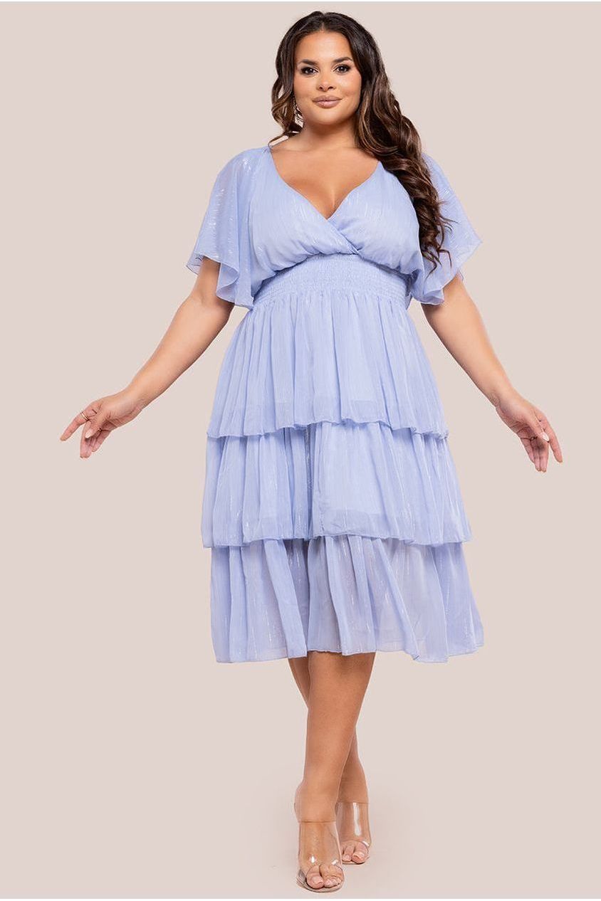 Goddiva Plus Plain Lurex Chiffon Tiered Midi Dress - Light Blue