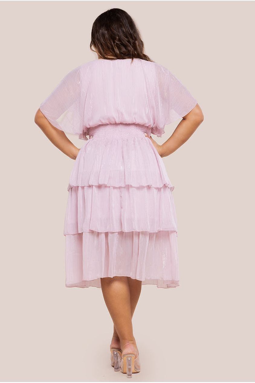 Goddiva Plus Plain Lurex Chiffon Tiered Midi Dress - Blush Pink