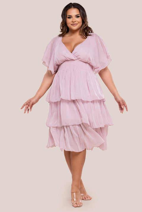 Goddiva Plus Plain Lurex Chiffon Tiered Midi Dress - Blush Pink