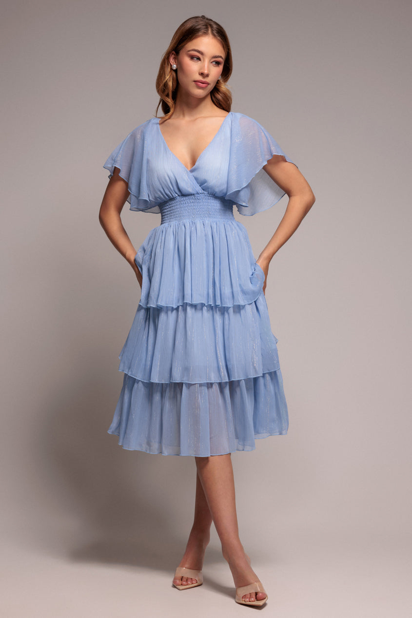 Goddiva Plain Lurex Chiffon Tiered Dress - Light Blue