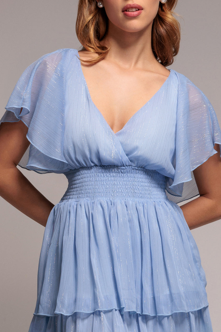 Goddiva Plain Lurex Chiffon Tiered Dress - Light Blue