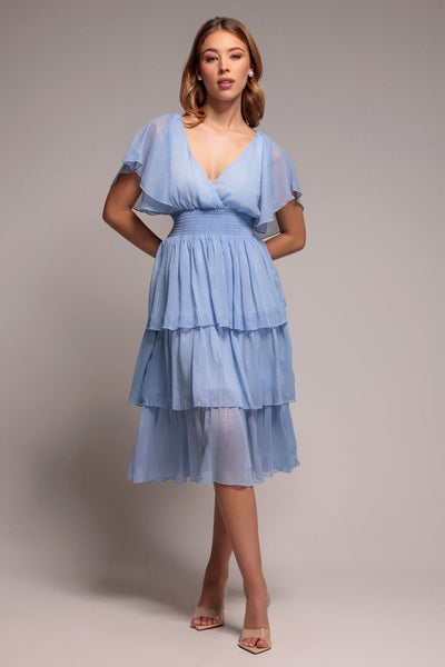 LightBlue - Goddiva Plain Lurex Chiffon Tiered Dress - Light Blue