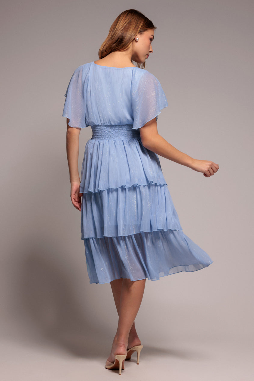 Goddiva Plain Lurex Chiffon Tiered Dress - Light Blue