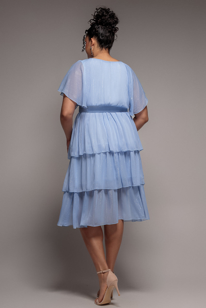 Goddiva Plus Plain Lurex Chiffon Tiered Midi Dress - Light Blue