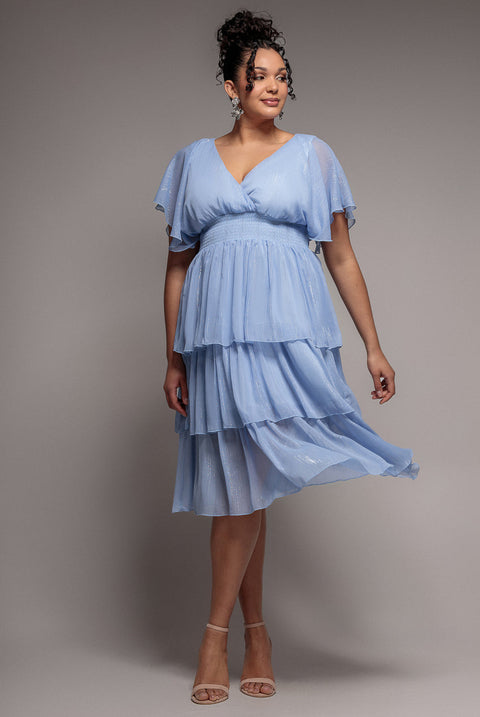 Goddiva Plus Plain Lurex Chiffon Tiered Midi Dress - Light Blue