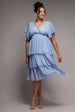 Goddiva Plus Plain Lurex Chiffon Tiered Midi Dress - Light Blue