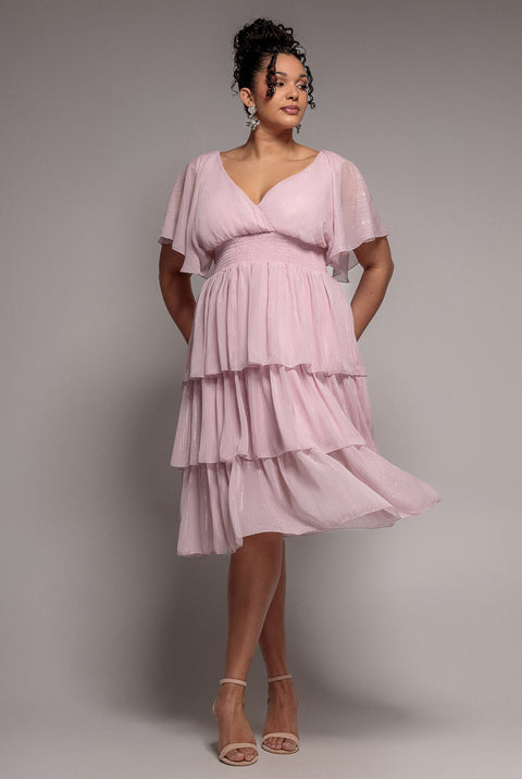 Goddiva Plus Plain Lurex Chiffon Tiered Midi Dress - Blush Pink