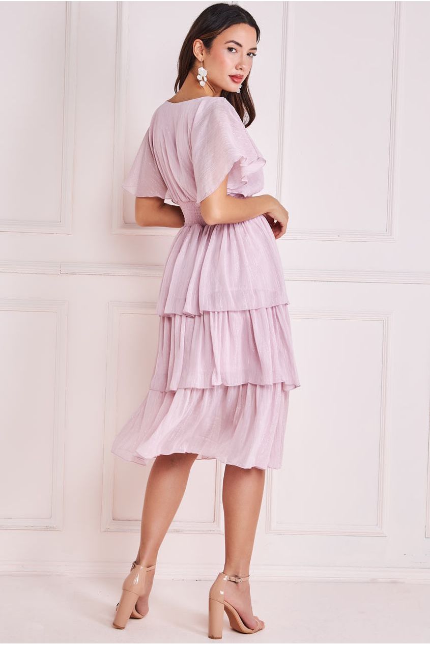 Goddiva Plain Lurex Chiffon Tiered Dress - Pink