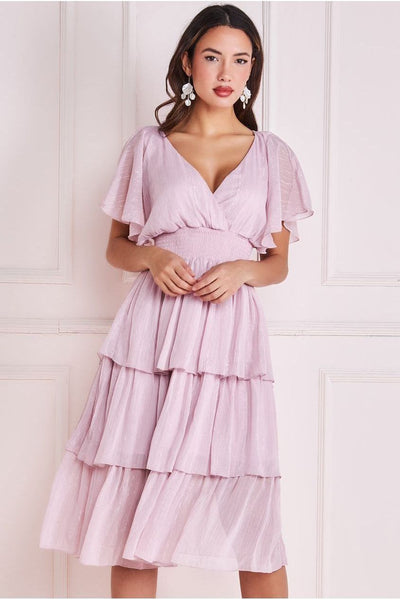 Pink - Goddiva Plain Lurex Chiffon Tiered Dress - Pink