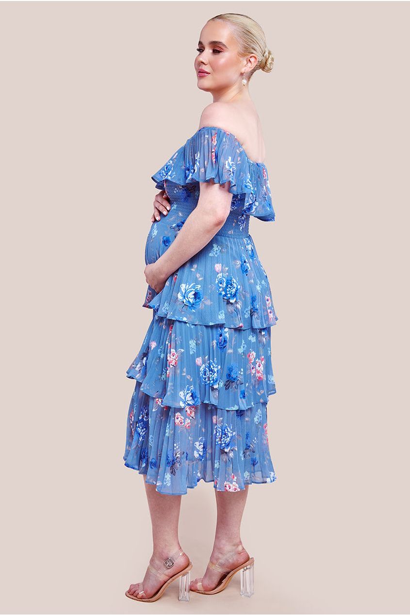 Goddiva Maternity Pleated Bodice Chiffon Tiered Midi Dress - Blue