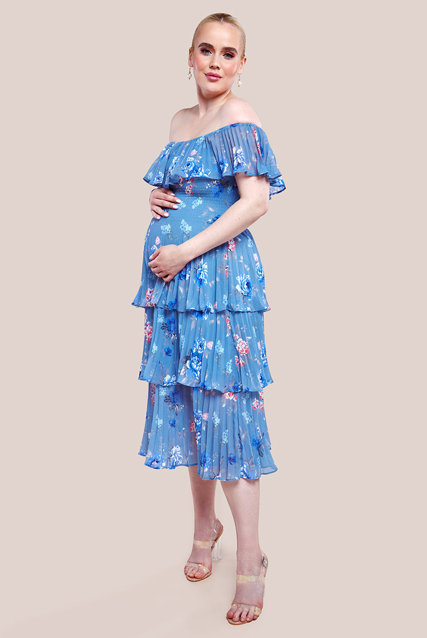 Goddiva Maternity Pleated Bodice Chiffon Tiered Midi Dress - Blue