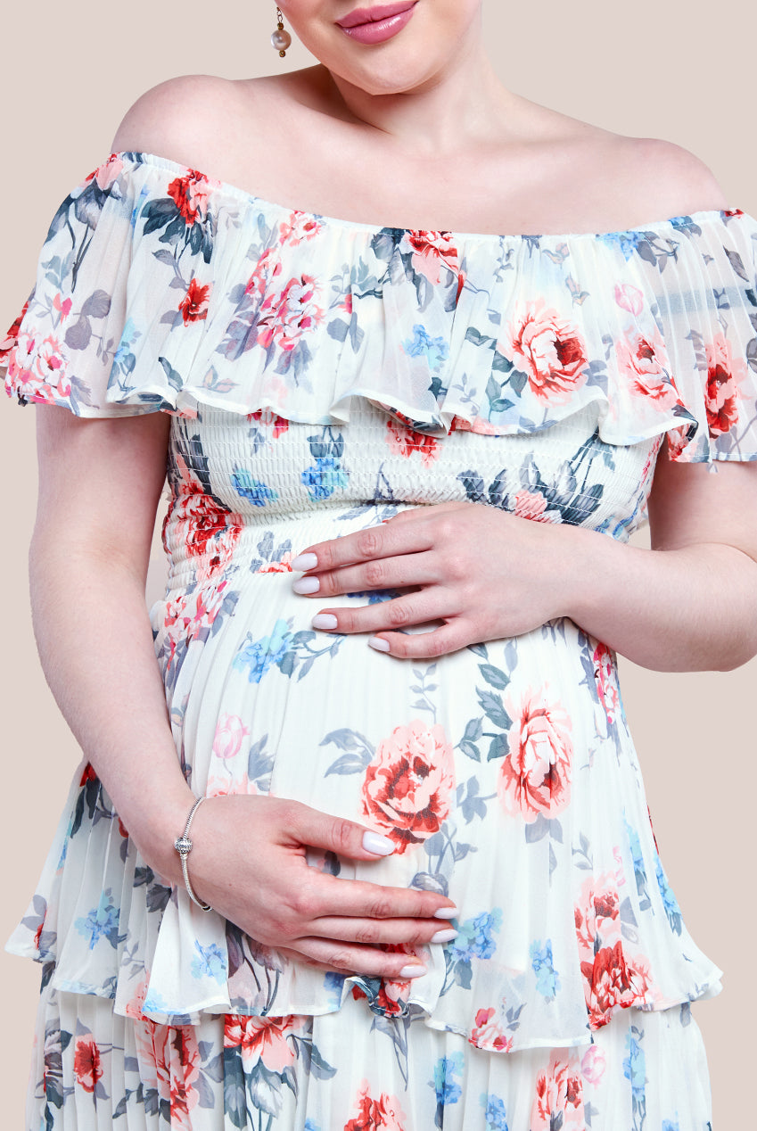 Goddiva Maternity Pleated Bodice Chiffon Tiered Midi Dress - Cream