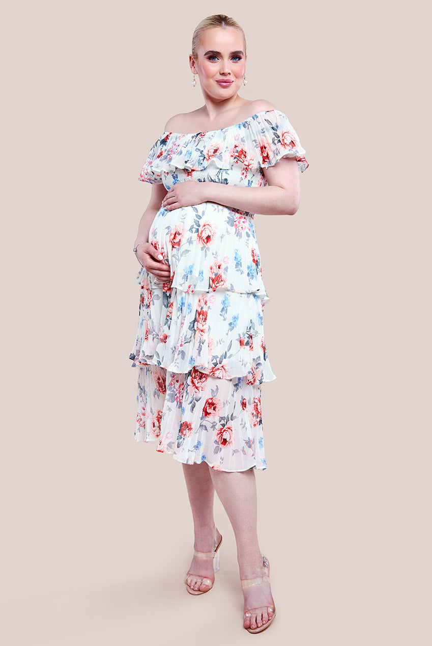 Goddiva Maternity Pleated Bodice Chiffon Tiered Midi Dress - Cream