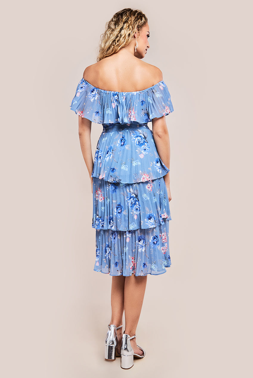 Goddiva Pleated Bodice Chiffon Tiered Midi Dress - Blue