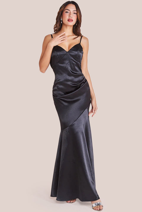 Goddiva Cowl Back Satin Maxi Dress - Black