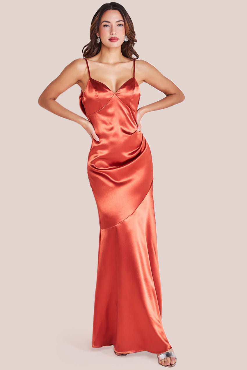 Goddiva Cowl Back Satin Maxi Dress - Burntorange