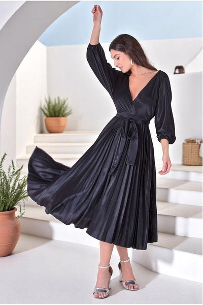 Black - Goddiva Satin Pleated Skirt Wrap Midi Dress - Black